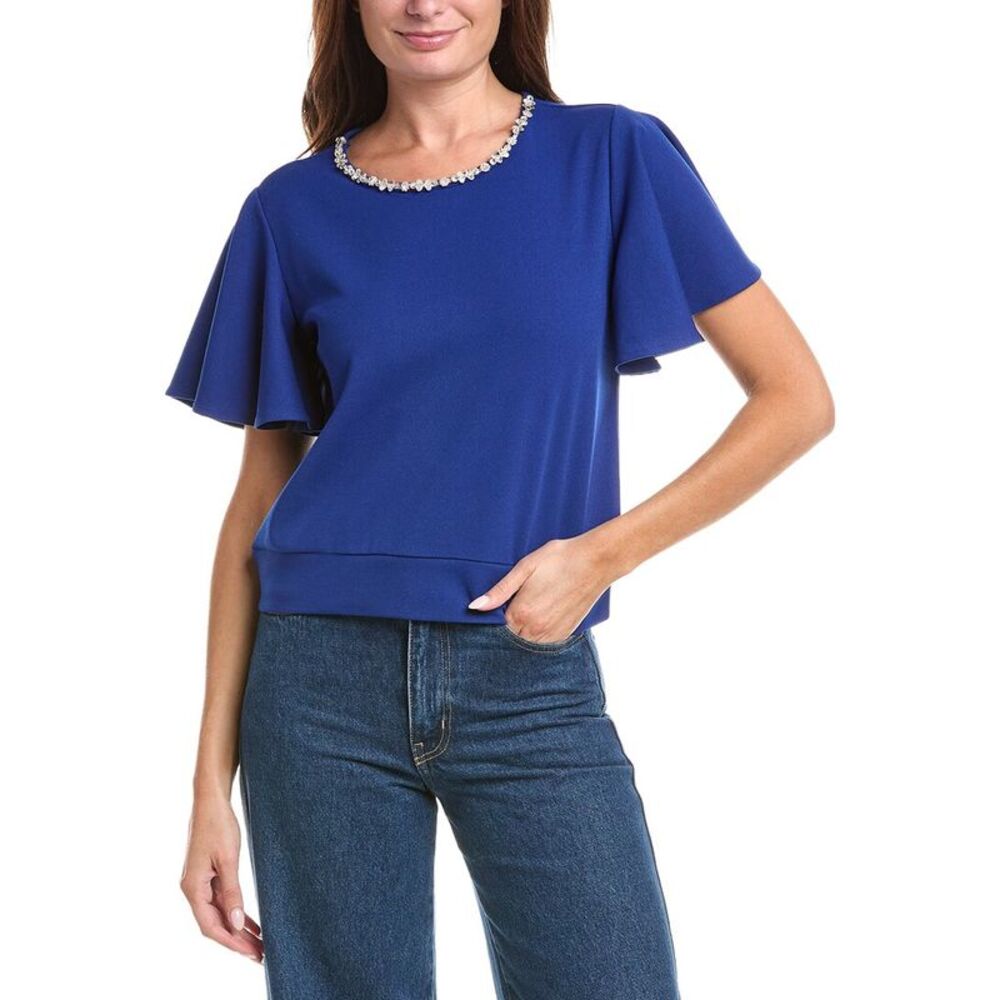 Gracia Womens Crystal Embroidered Crewneck Top, Blue